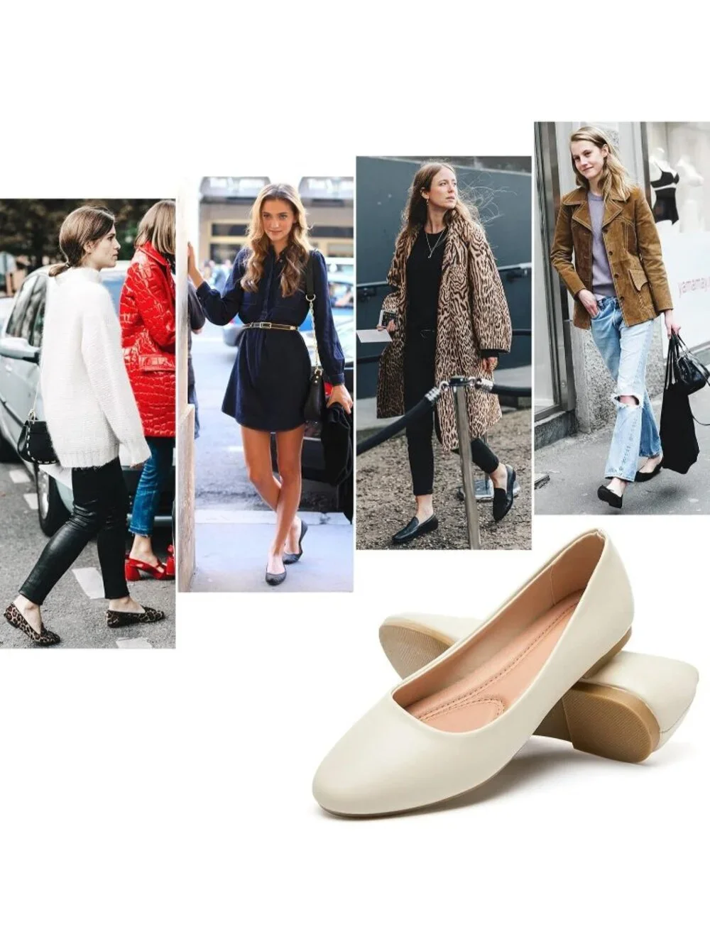Women's Beige Leather Ballet Round Toe Comfortable Flats Slip On Dress Shoes